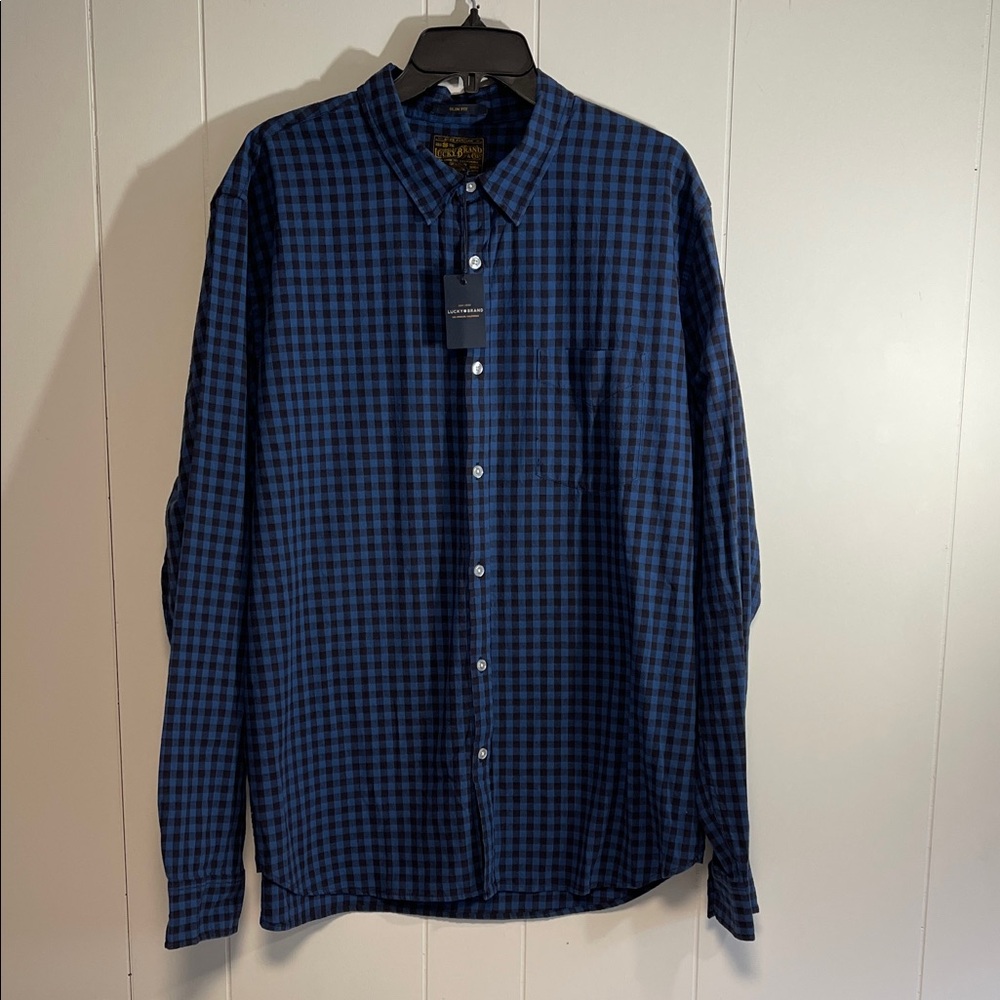 Lucky Brand Men's Navy and Black Check Button-Down Shirt new size XL
